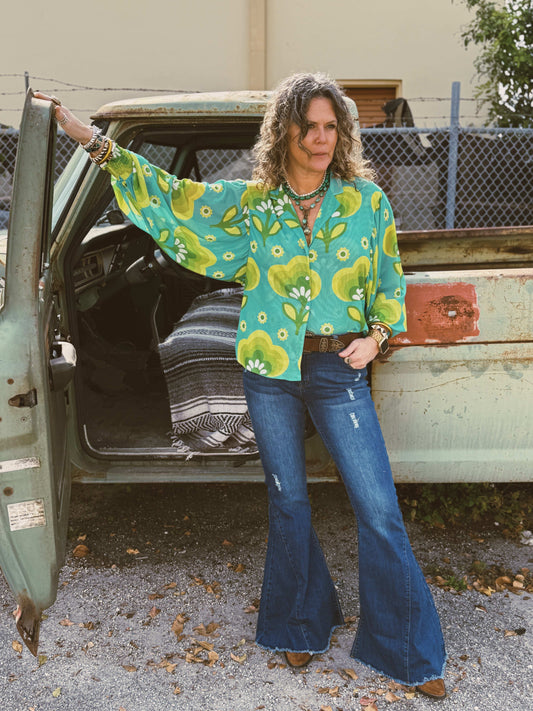 Casa Dega Mesh Balloon Sleeve Button Up Blouse - Lil Bee's Bohemian - Flyclothing LLC