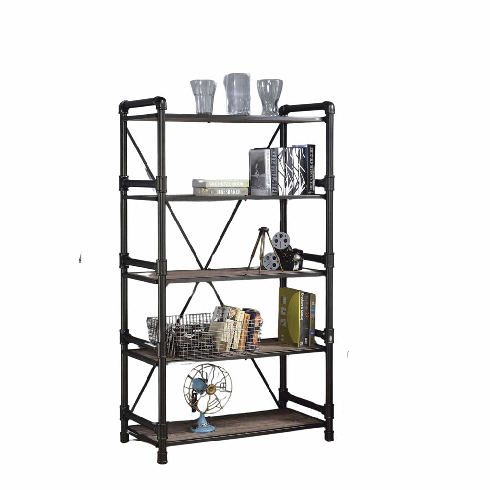 72" Rustic Oak Distressed Metal and Wood Five Tier Etagere Bookcase - Homeroots - Flyclothing LLC