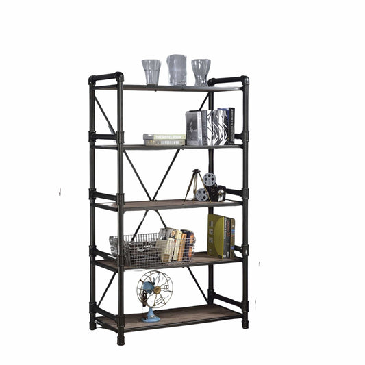 72" Rustic Oak Distressed Metal and Wood Five Tier Etagere Bookcase - Homeroots
