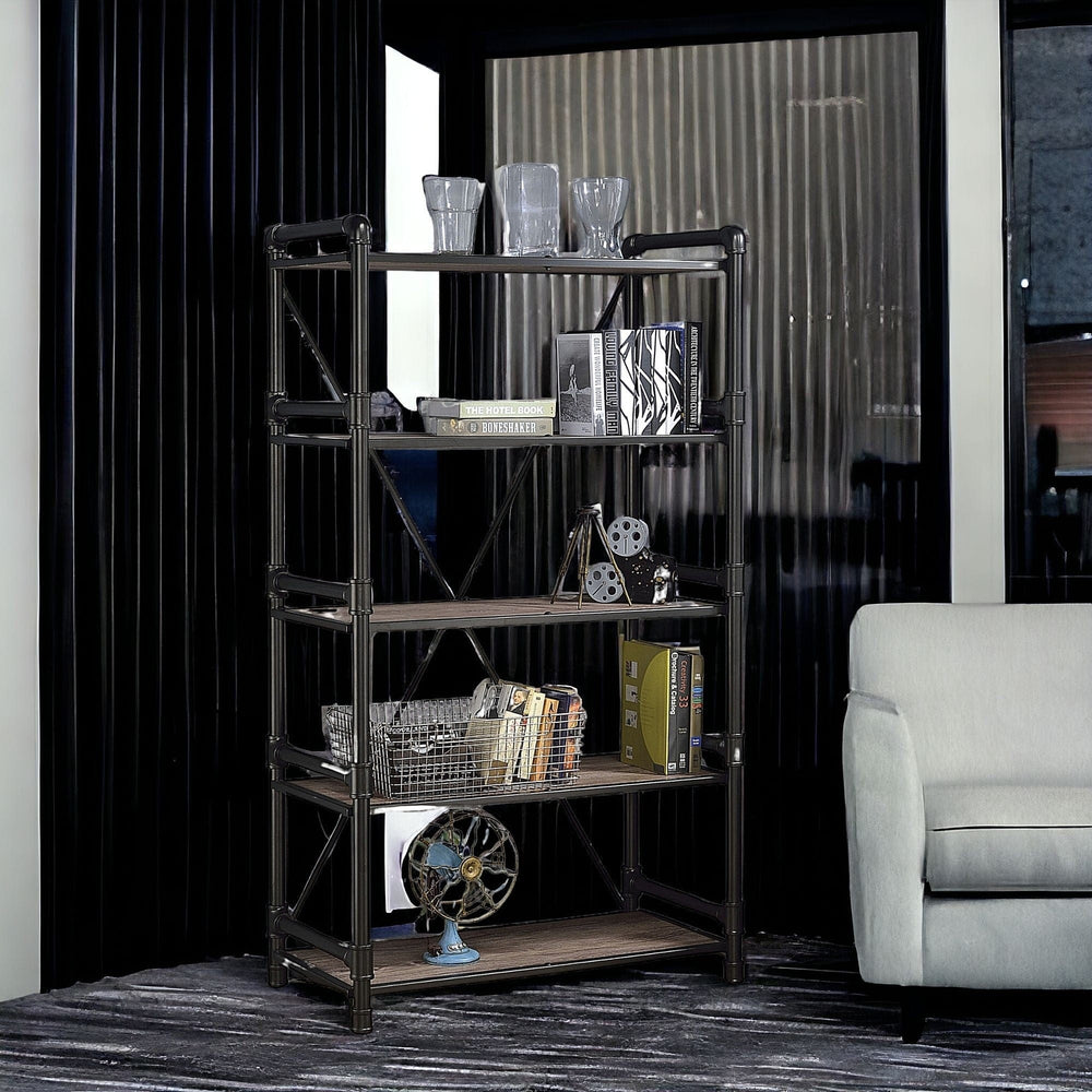 72" Rustic Oak Distressed Metal and Wood Five Tier Etagere Bookcase - Homeroots - Flyclothing LLC