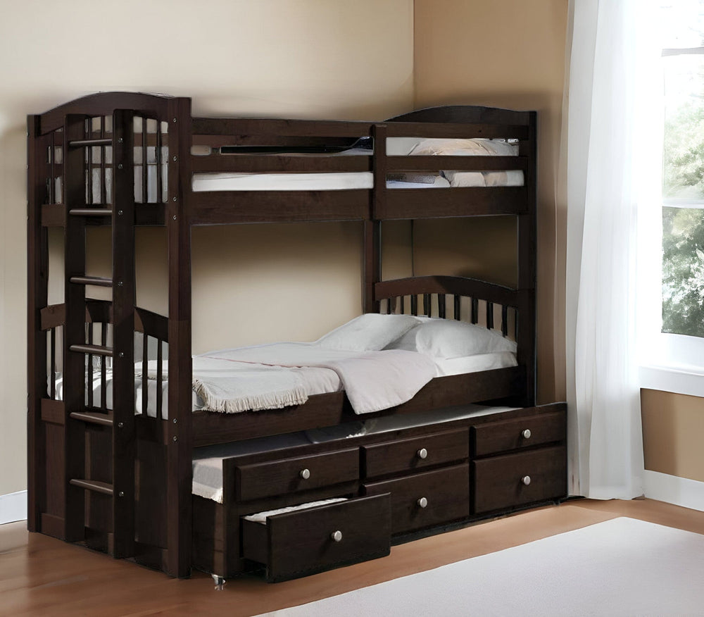 80" X 41" X 71" Espresso Twin Over Twin Bunk Bed And Trundle With 3 Drawers - Homeroots - Flyclothing LLC