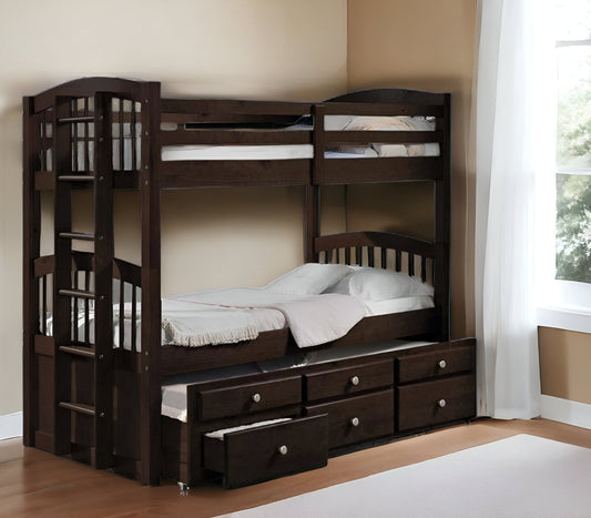 80" X 41" X 71" Espresso Twin Over Twin Bunk Bed And Trundle With 3 Drawers - Homeroots