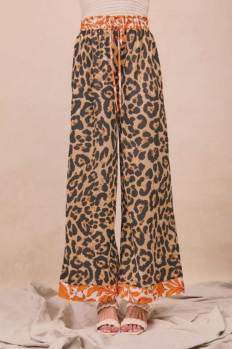 BiBi Leopard Print With Contrast Banded Wide Pants - Trendsi - Flyclothing LLC