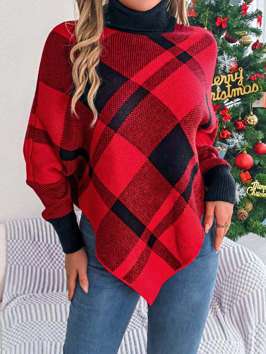 Plaid Turtleneck Batwing Sleeve Sweater - Trendsi - Flyclothing LLC