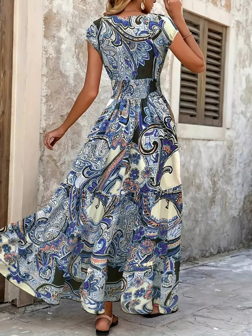 Printed V-Neck Cap Sleeve Maxi Dress - Trendsi - Flyclothing LLC