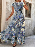 Printed V-Neck Cap Sleeve Maxi Dress - Trendsi - Flyclothing LLC
