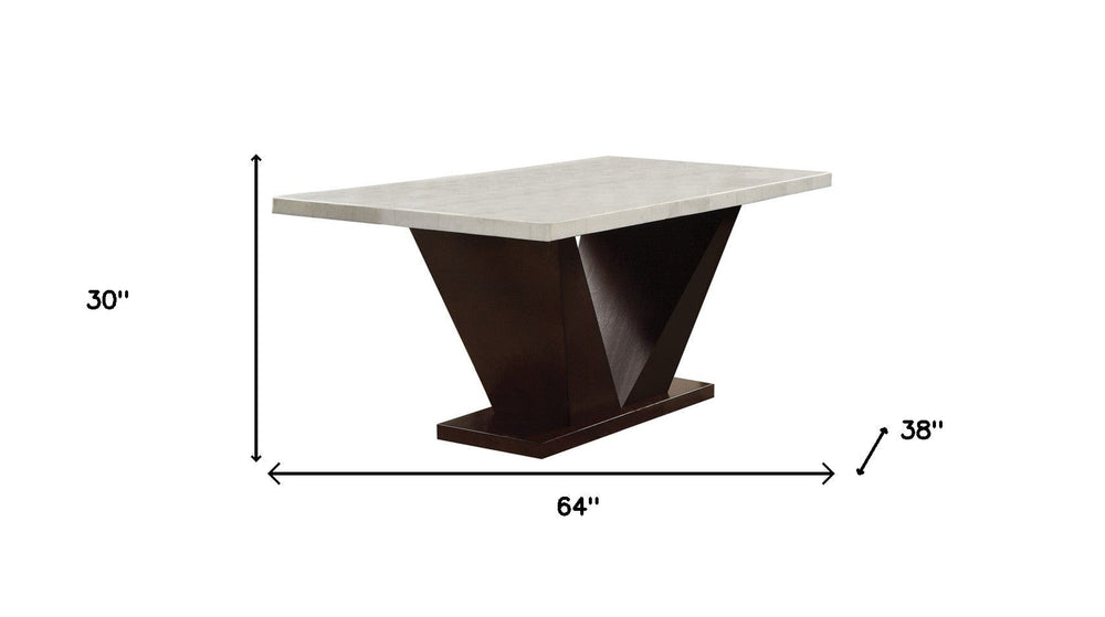 64" White And Dark Brown Marble And Solid Manufactured Wood Pedestal Base Dining Table - Homeroots - Flyclothing LLC