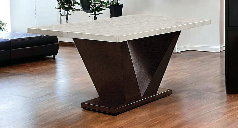 64" White And Dark Brown Marble And Solid Manufactured Wood Pedestal Base Dining Table - Homeroots - Flyclothing LLC