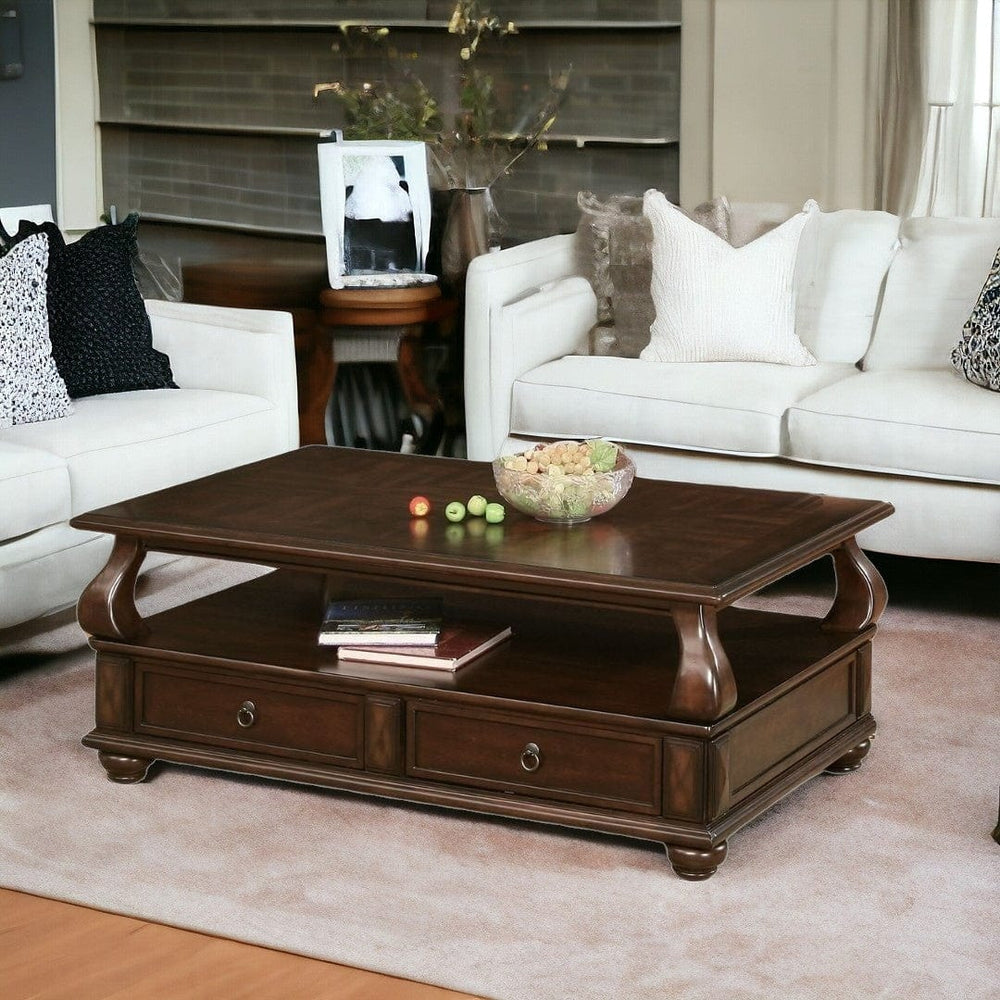 50" Dark Brown Solid Wood Coffee Table With Two Drawers And Shelf - Homeroots - Flyclothing LLC