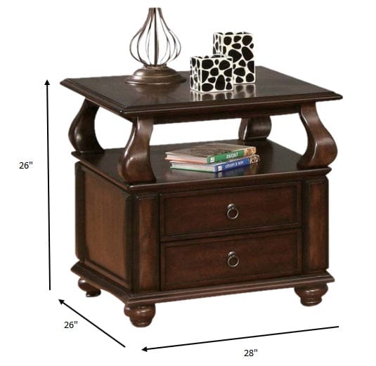 26" Brown Solid Wood Square End Table With Two Drawers And Shelf - Homeroots - Flyclothing LLC