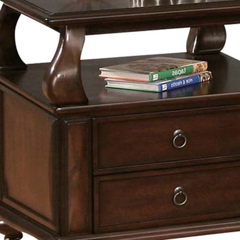 26" Brown Solid Wood Square End Table With Two Drawers And Shelf - Homeroots - Flyclothing LLC
