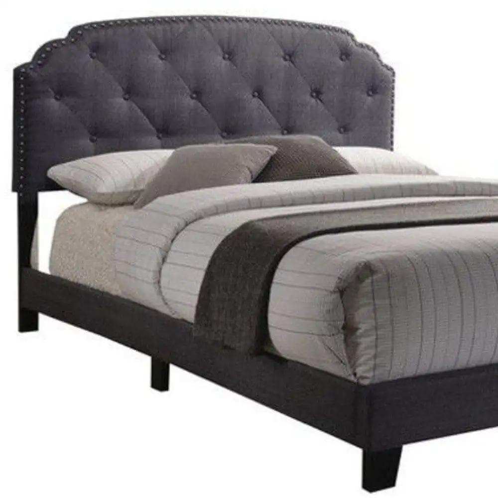 Queen Tufted Gray Upholstered Linen Bed With Nailhead Trim - Homeroots - Flyclothing LLC