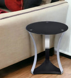 20" Silver And Black Mirrored Glass And Iron Round End Table With Shelf - Homeroots