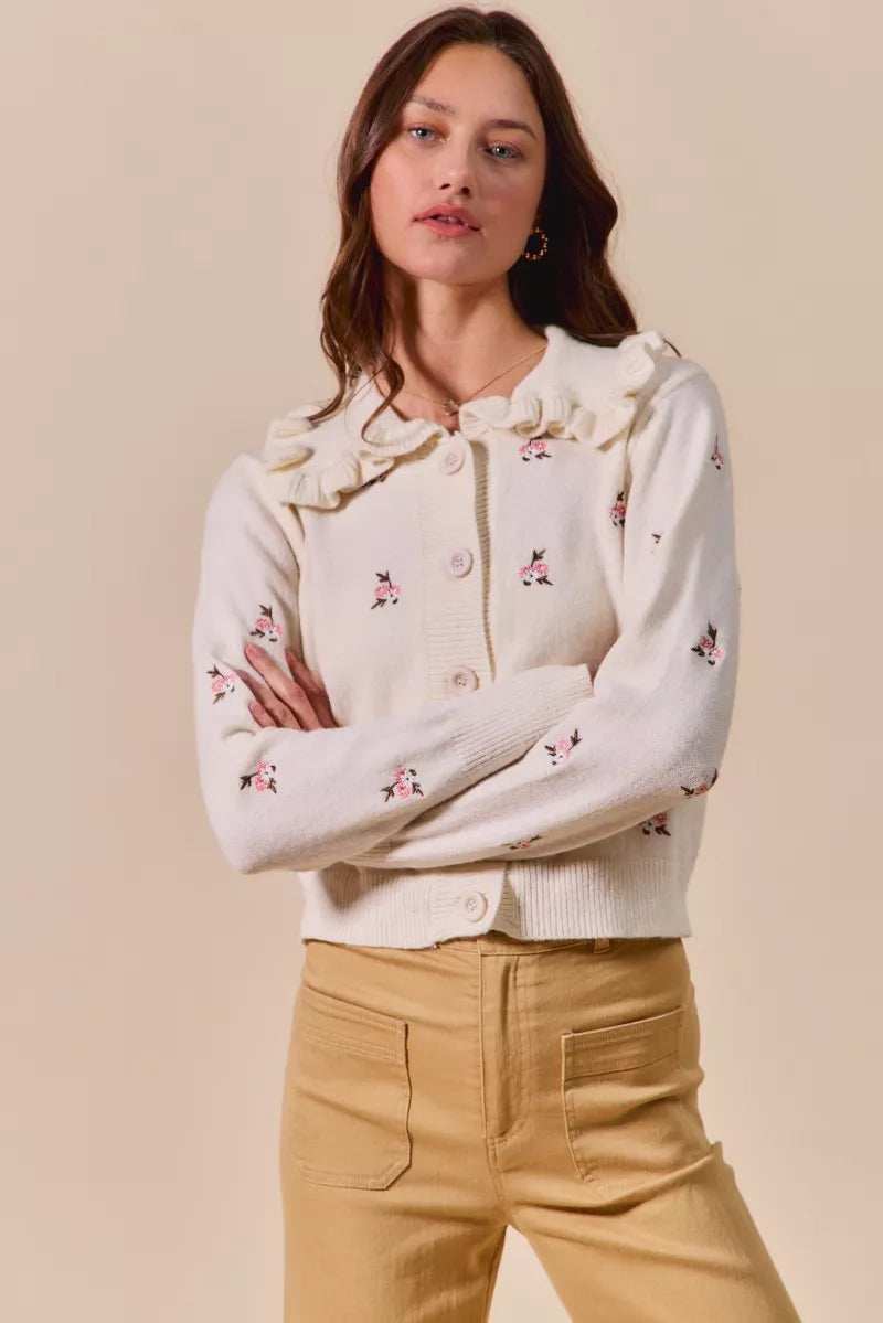 SO ME Collared Floral Embroidered Button Down Sweater Cardigan - Trendsi - Flyclothing LLC