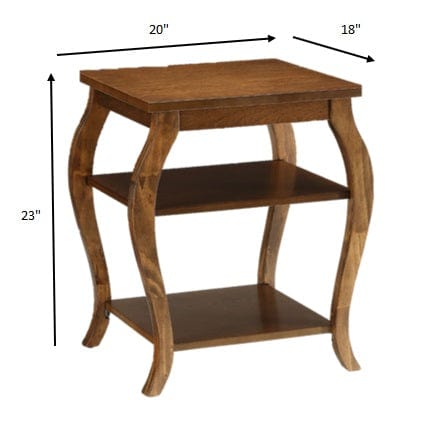 23" Brown Wood Bow Leg Square End Table With Two Shelves - Homeroots