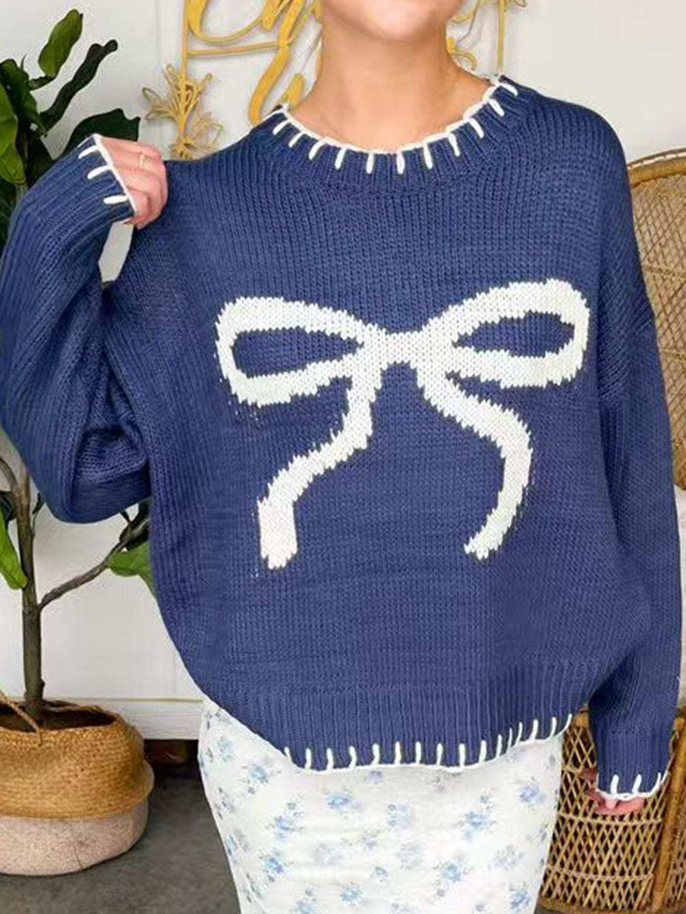 Bow Round Neck Long Sleeve Sweater - Trendsi - Flyclothing LLC
