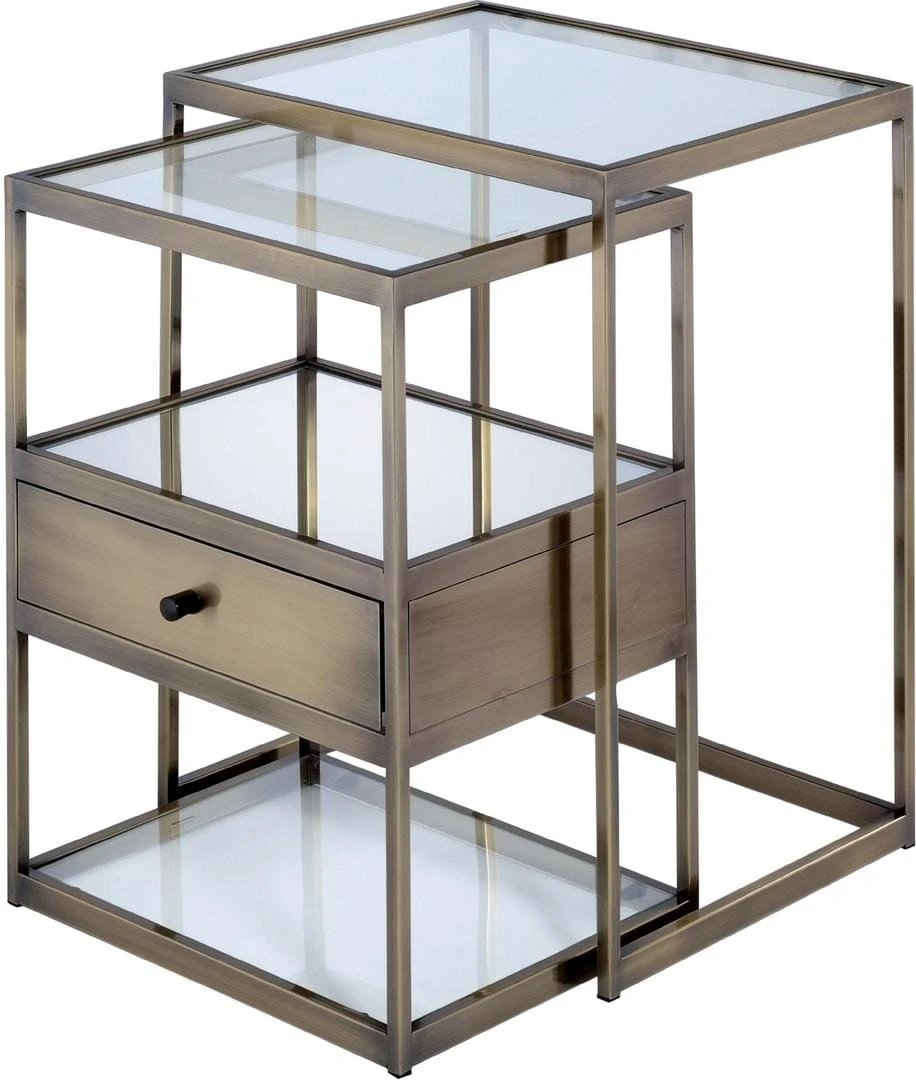 Set of Two 26" Brass And Clear Glass And Iron End Table With Drawer And Two Shelves With Magazine Holder - Homeroots