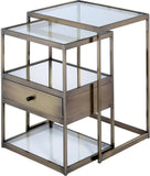 Set of Two 26" Brass And Clear Glass And Iron End Table With Drawer And Two Shelves With Magazine Holder - Homeroots