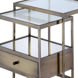 Set of Two 26" Brass And Clear Glass And Iron End Table With Drawer And Two Shelves With Magazine Holder - Homeroots