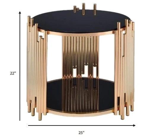 22" Gold And Black Glass And Iron Round End Table With Shelf - Homeroots - Flyclothing LLC