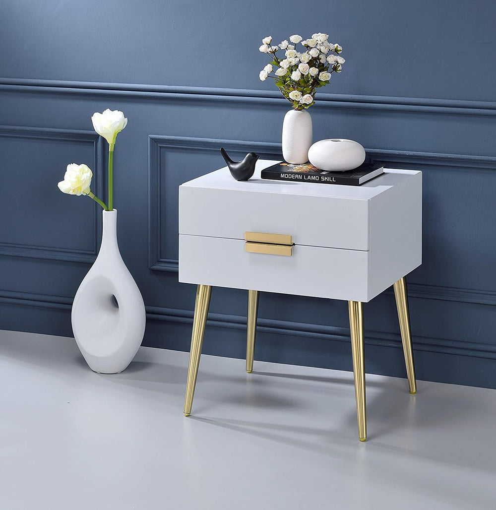 24" Gold And White End Table With Two Drawers - Homeroots