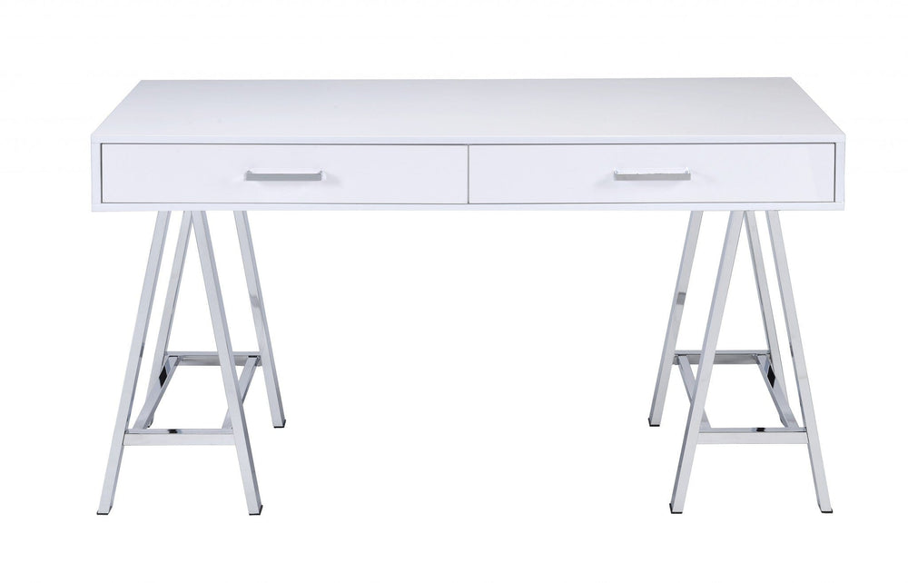 54" White and Silver Writing Desk With Two Drawers - Homeroots - Flyclothing LLC