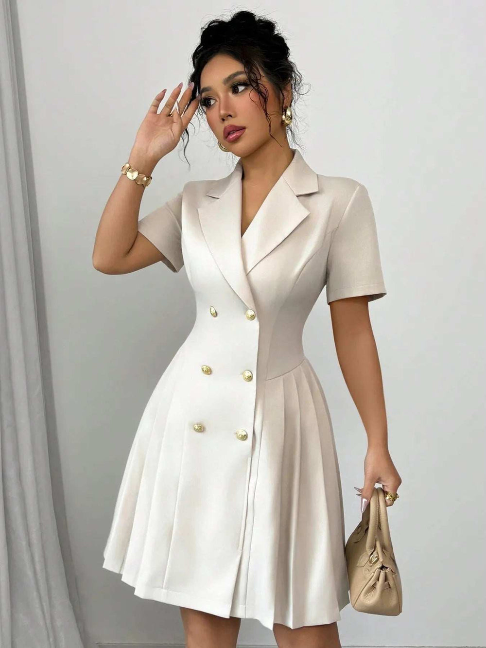 Double-Breasted Short Sleeve Dress - Trendsi - Flyclothing LLC