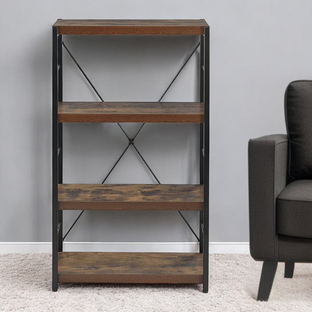 43" Brown and Black Metal and Wood Three Tier Etagere Bookcase - Homeroots - Flyclothing LLC