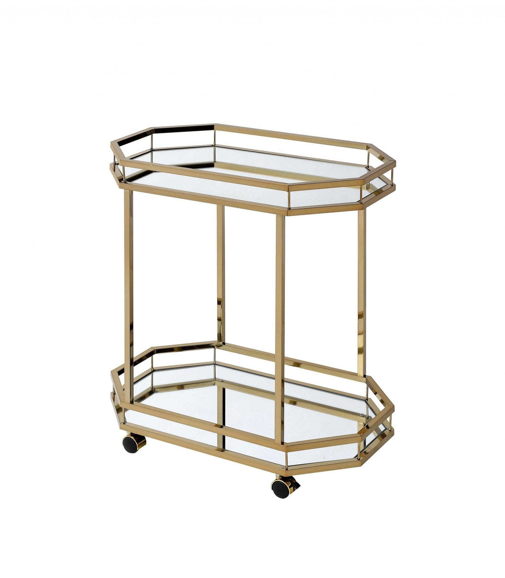 Champagne Finish Metal Serving Cart With 2 Mirror Shelves - Homeroots - Flyclothing LLC