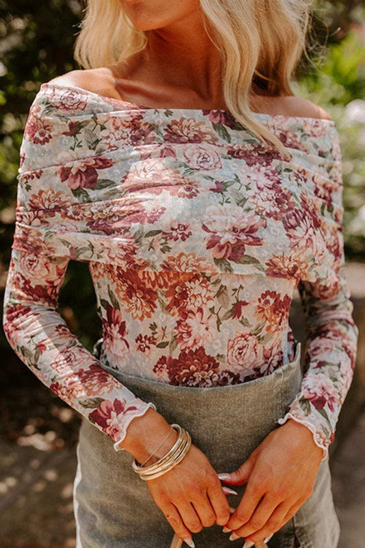 Floral Off-Shoulder Long Sleeve Bodysuit - Trendsi - Flyclothing LLC