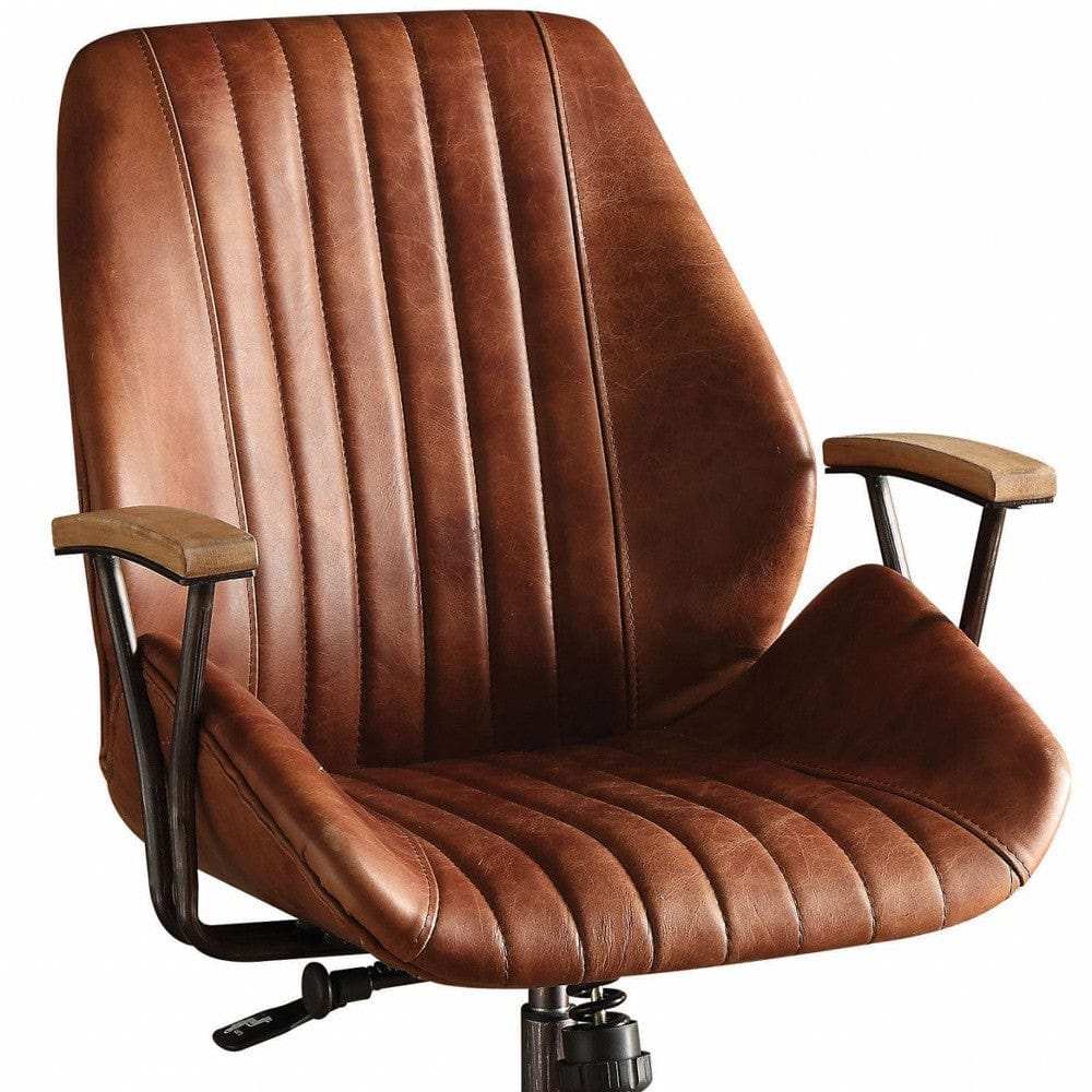 Brown Adjustable Swivel Leather Rolling Executive Office Chair - Homeroots - Flyclothing LLC
