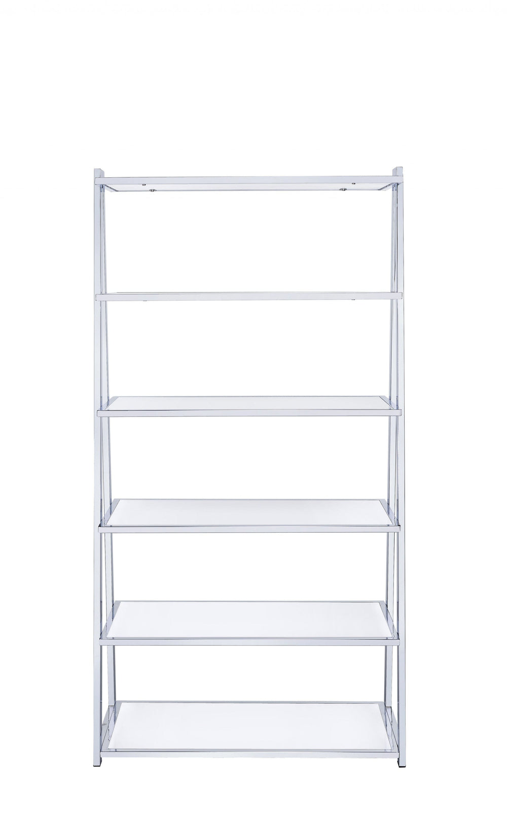 71" White and Silver Metal and Glass Five Tier Ladder Bookcase - Homeroots - Flyclothing LLC