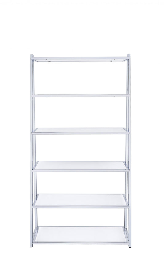 71" White and Silver Metal and Glass Five Tier Ladder Bookcase - Homeroots