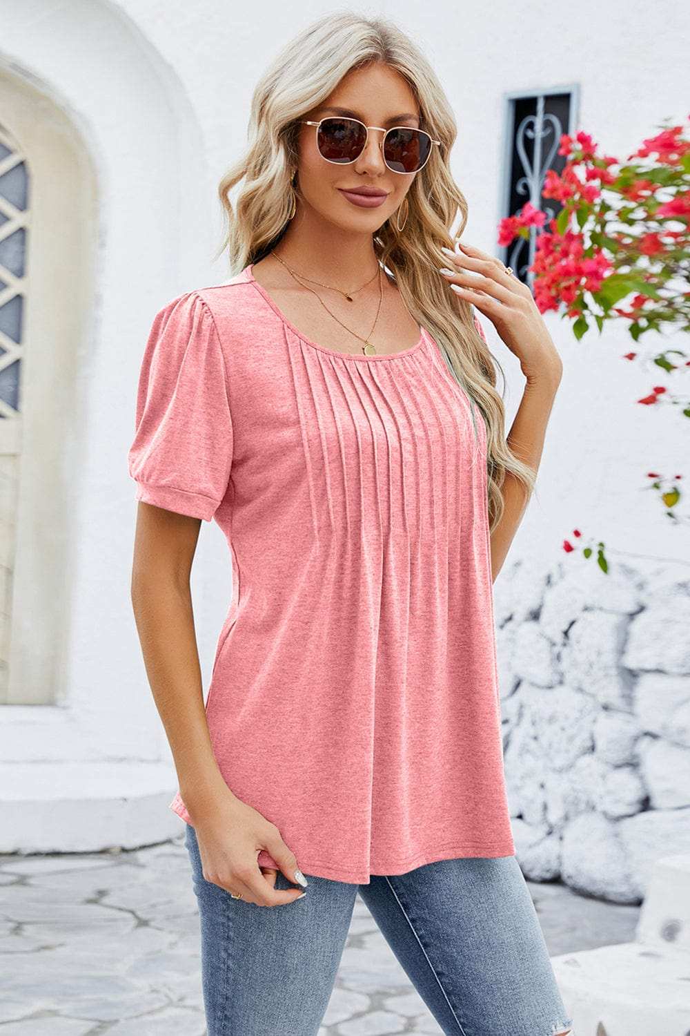 Ruched Scoop Neck Short Sleeve Blouse - Trendsi - Flyclothing LLC
