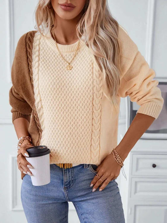 Two Tone Cable Knit Round Neck Long Sleeve Sweater - Trendsi - Flyclothing LLC