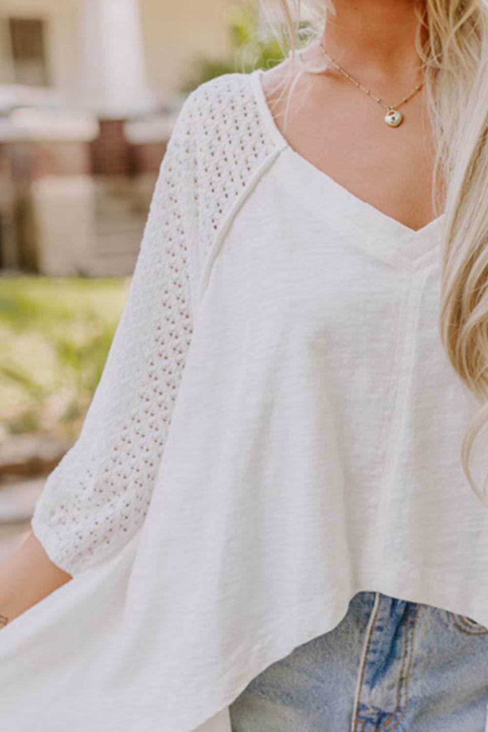 Openwork High Low Hem V Neck Oversized Top - Trendsi - Flyclothing LLC