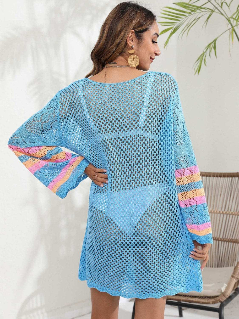 Openwork Contrast Long Sleeve Cover-Up - Trendsi - Flyclothing LLC