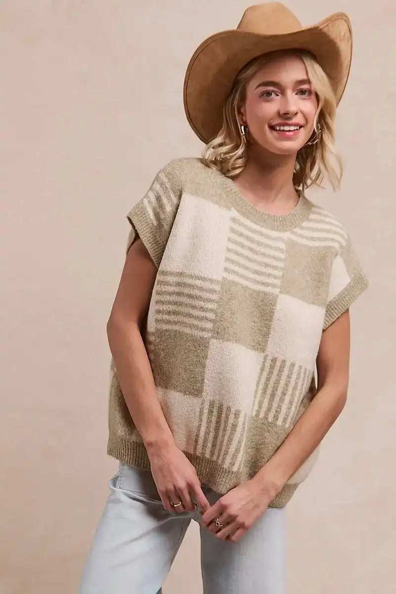 BiBi Checker With Stripes Pattern Sleeveless Sweater - Trendsi - Flyclothing LLC