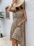 Printed Johnny Collar Midi Dress - Trendsi - Flyclothing LLC