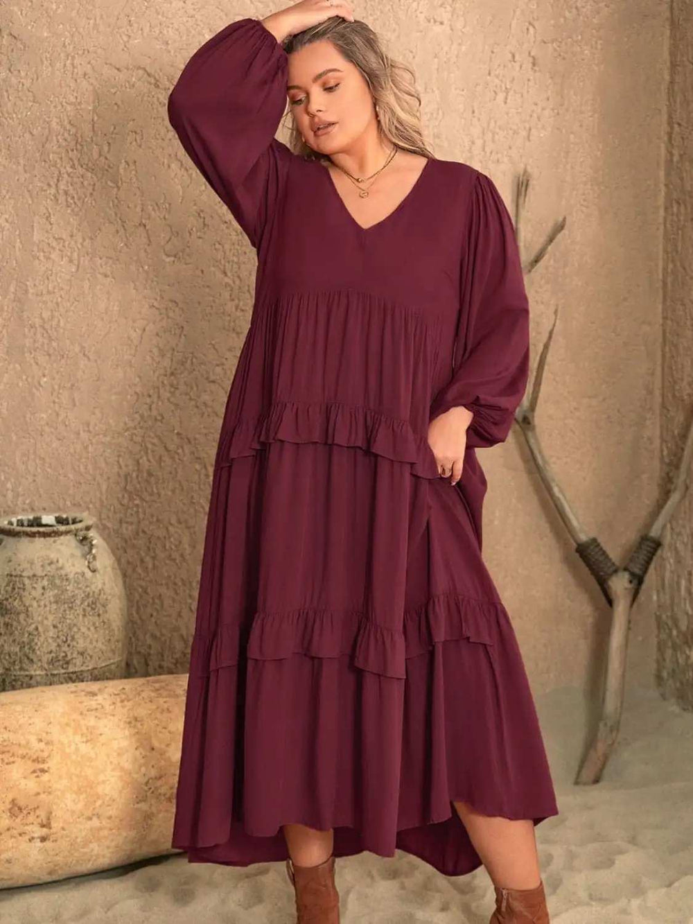 Plus Size Ruffled V-Neck Long Sleeve Dress - Trendsi - Flyclothing LLC