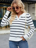Striped Johnny Collar Long Sleeve Sweater - Trendsi - Flyclothing LLC