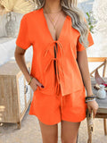 Devine Tied V-Neck Short Sleeve Top and Shorts Set - Trendsi - Flyclothing LLC