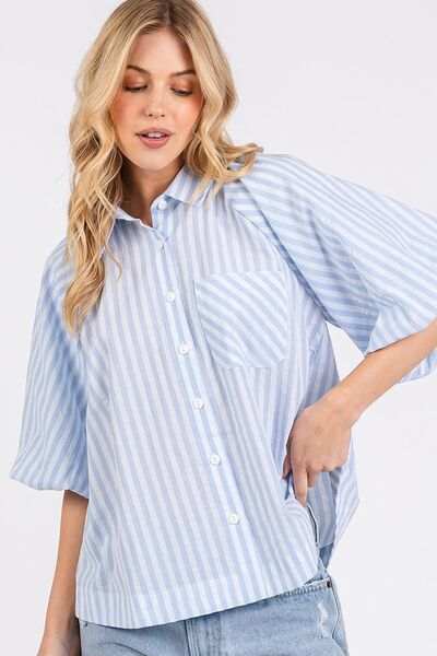 Mittoshop Button Down Striped Puff Sleeve Shirt - Trendsi - Flyclothing LLC