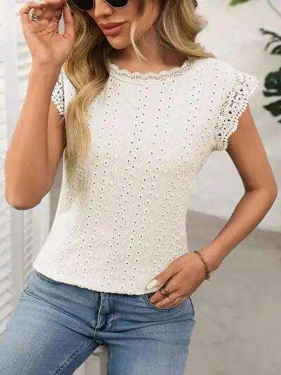 Lace Detail Round Neck Cap Sleeve Top - Trendsi - Flyclothing LLC