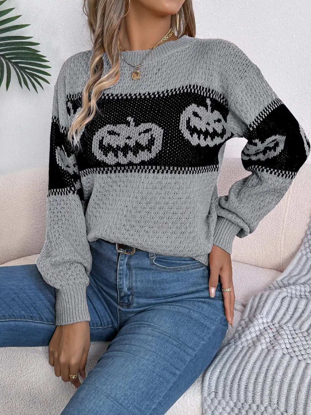 Pumpkin Round Neck Long Sleeve Sweater - Trendsi - Flyclothing LLC