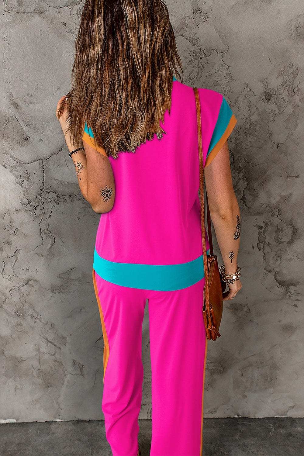 Contrast Round Neck Top and Pants Set - Trendsi - Flyclothing LLC