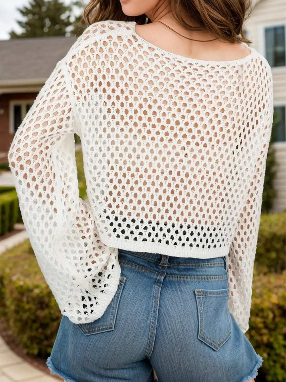 Openwork Round Neck Long Sleeve Cover Up - Trendsi - Flyclothing LLC