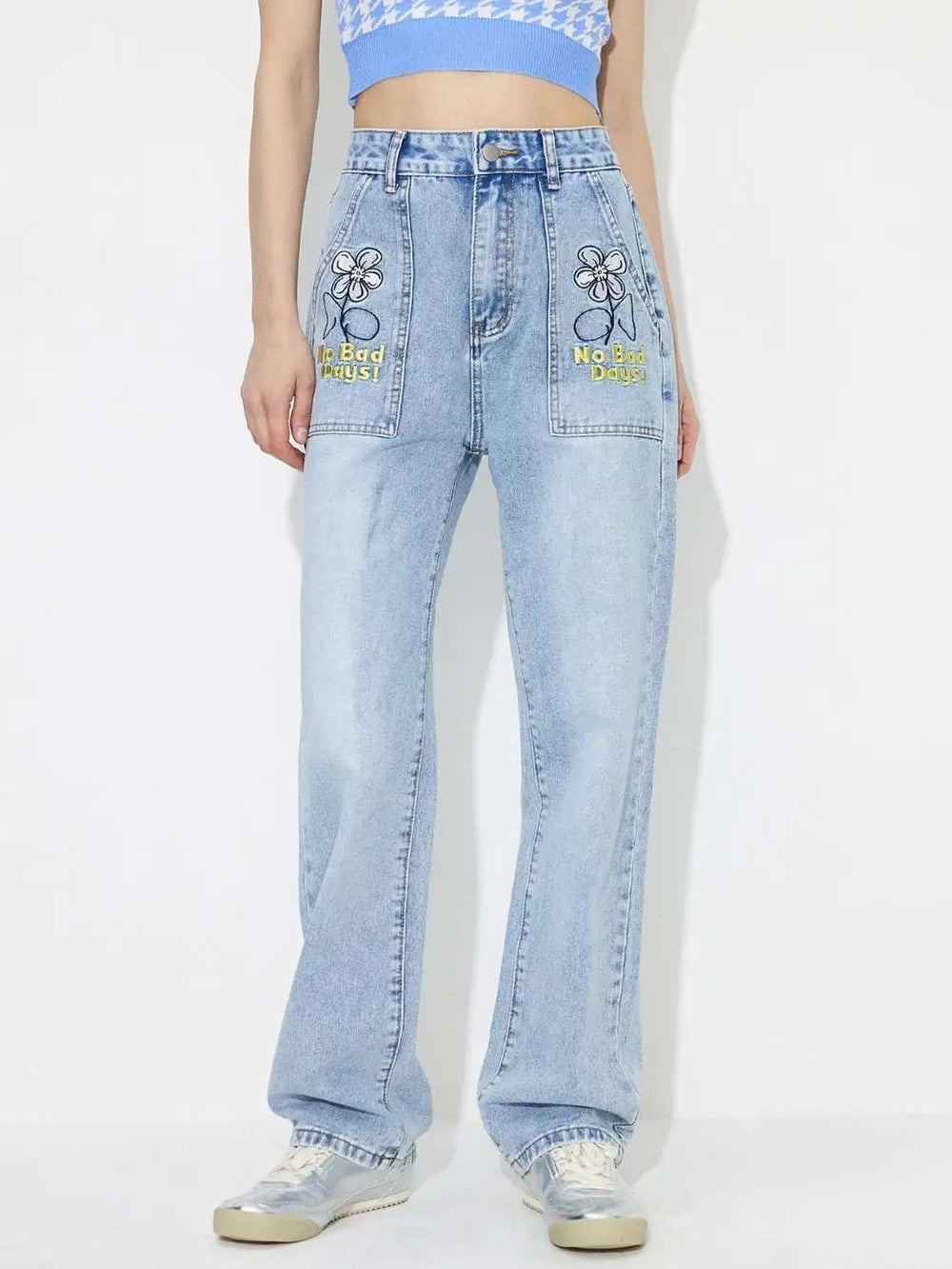 Flower High Rise Straight Leg Jeans with Pockets - Trendsi - Flyclothing LLC