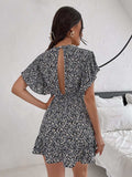 Cutout Ditsy Floral Surplice Flounce Sleeve Dress - Trendsi - Flyclothing LLC