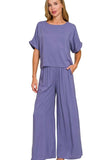 Zenana Round Neck T-Shirt and Wide Leg Pants Set - Trendsi - Flyclothing LLC